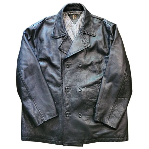 Vintage Tommy Hilfiger Coat Men's XL Black Leather Double Breasted Quilted - Picture 1 of 9